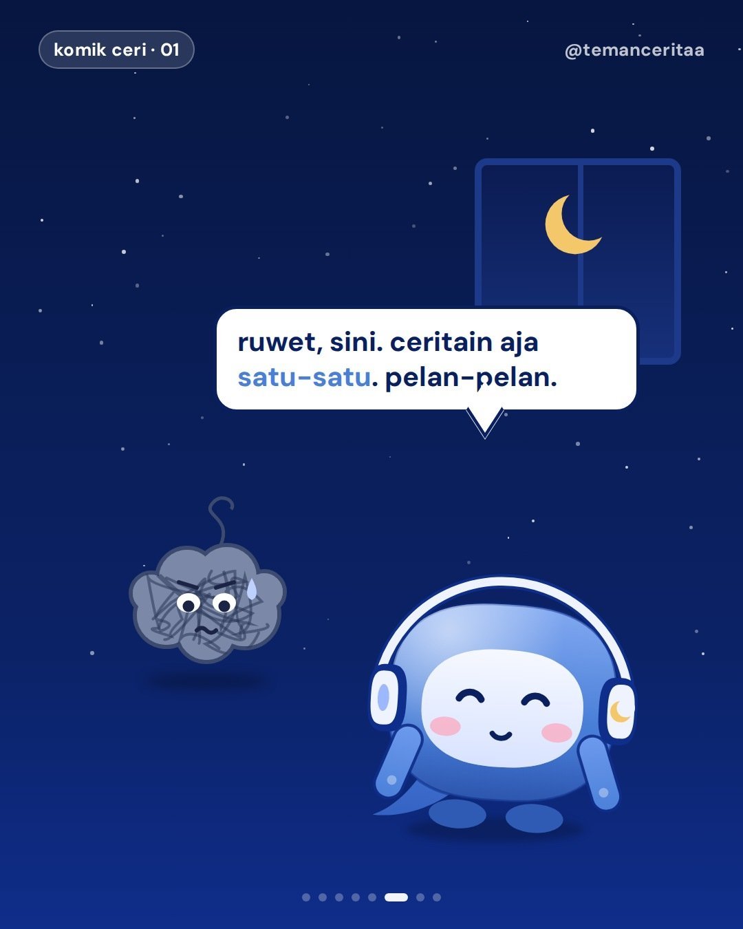 Kenalin, Si Ruwet: yang dateng tiap jam 2 pagi, panel 6: ceri: ruwet, sini. ceritain aja satu-satu. pelan-pelan.