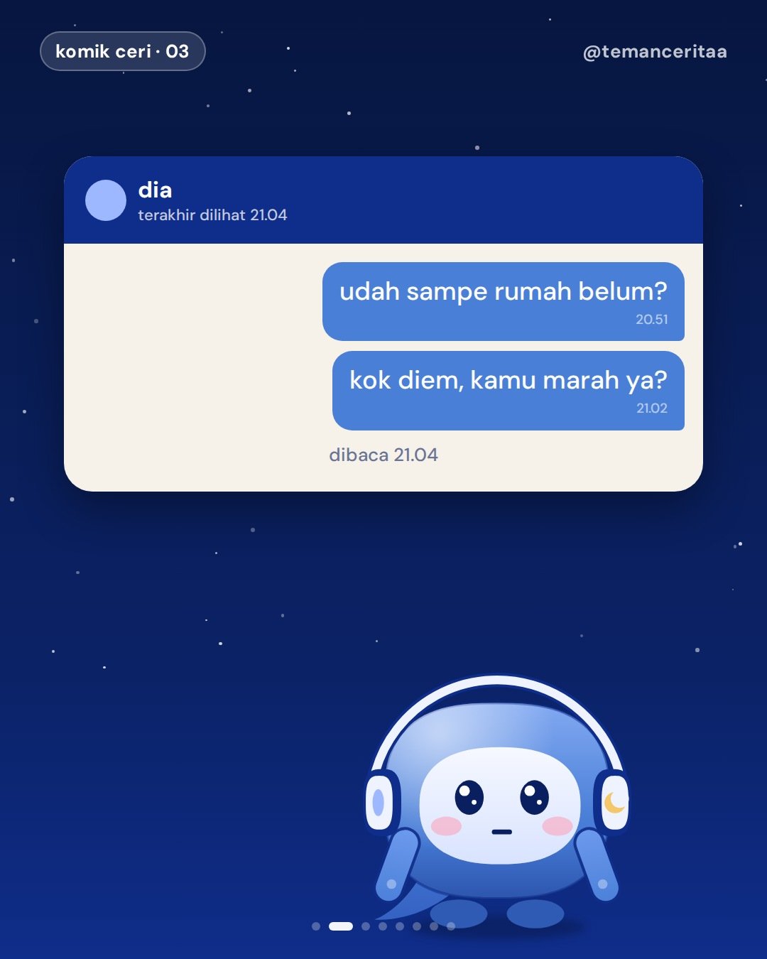 Chat cuma dibaca, Si Ruwet langsung lembur, panel 2: aku: udah sampe rumah belum? / aku: kok diem, kamu marah ya?