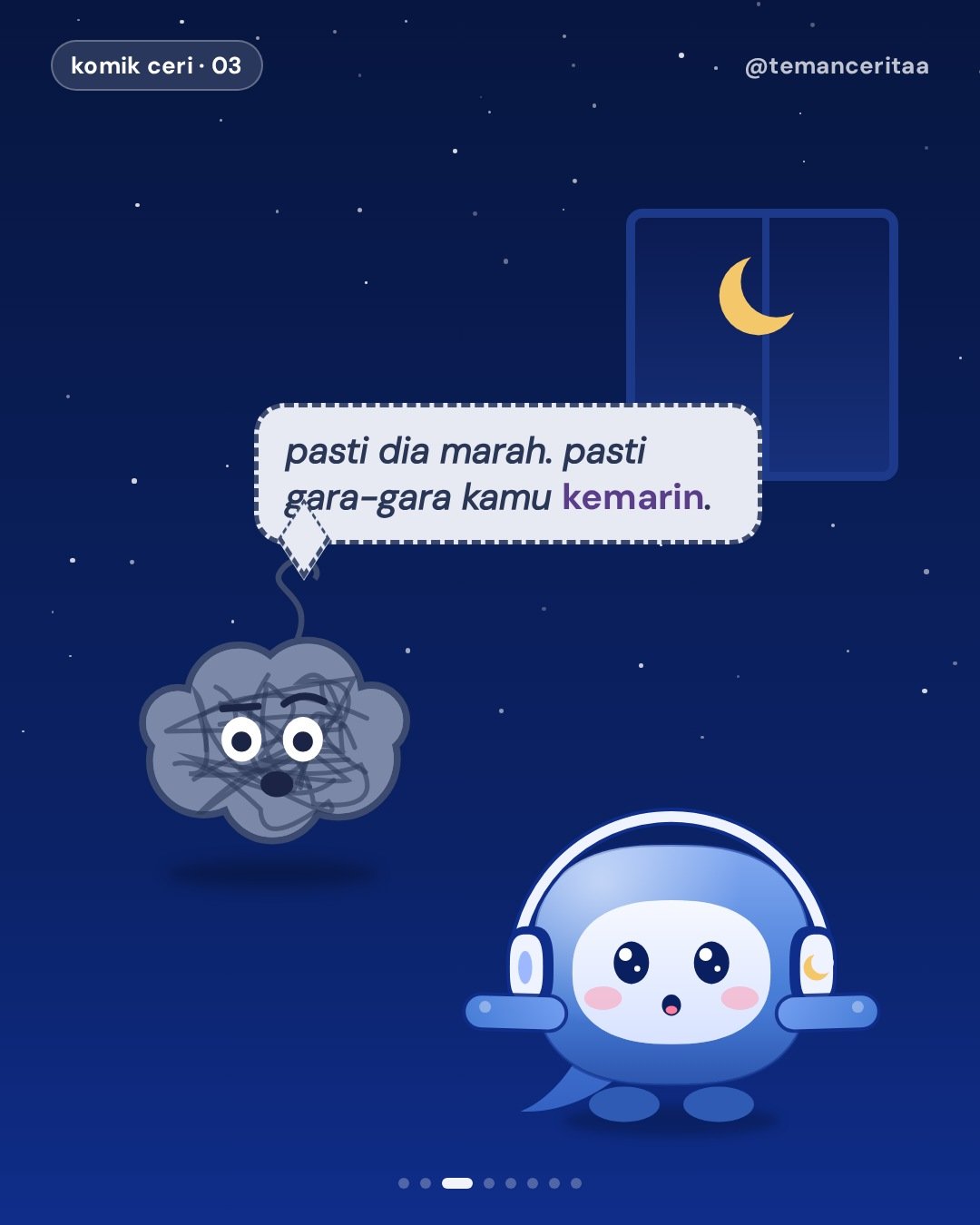 Chat cuma dibaca, Si Ruwet langsung lembur, panel 3: si ruwet: pasti dia marah. pasti gara-gara kamu kemarin.