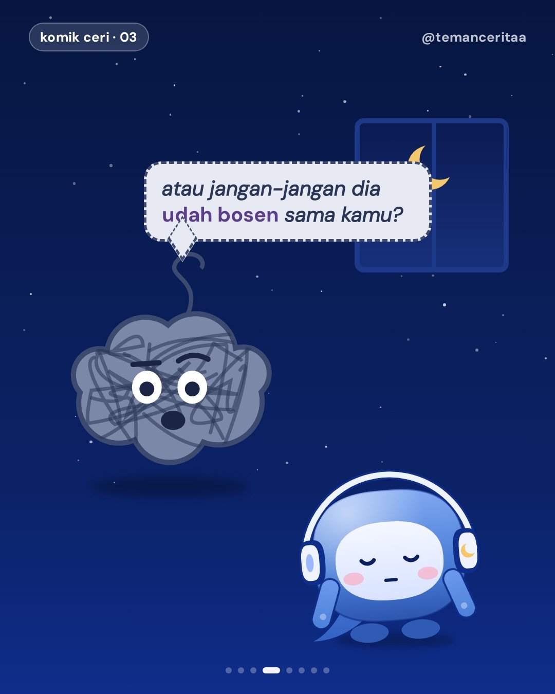 Chat cuma dibaca, Si Ruwet langsung lembur, panel 4: si ruwet: atau jangan-jangan dia udah bosen sama kamu?