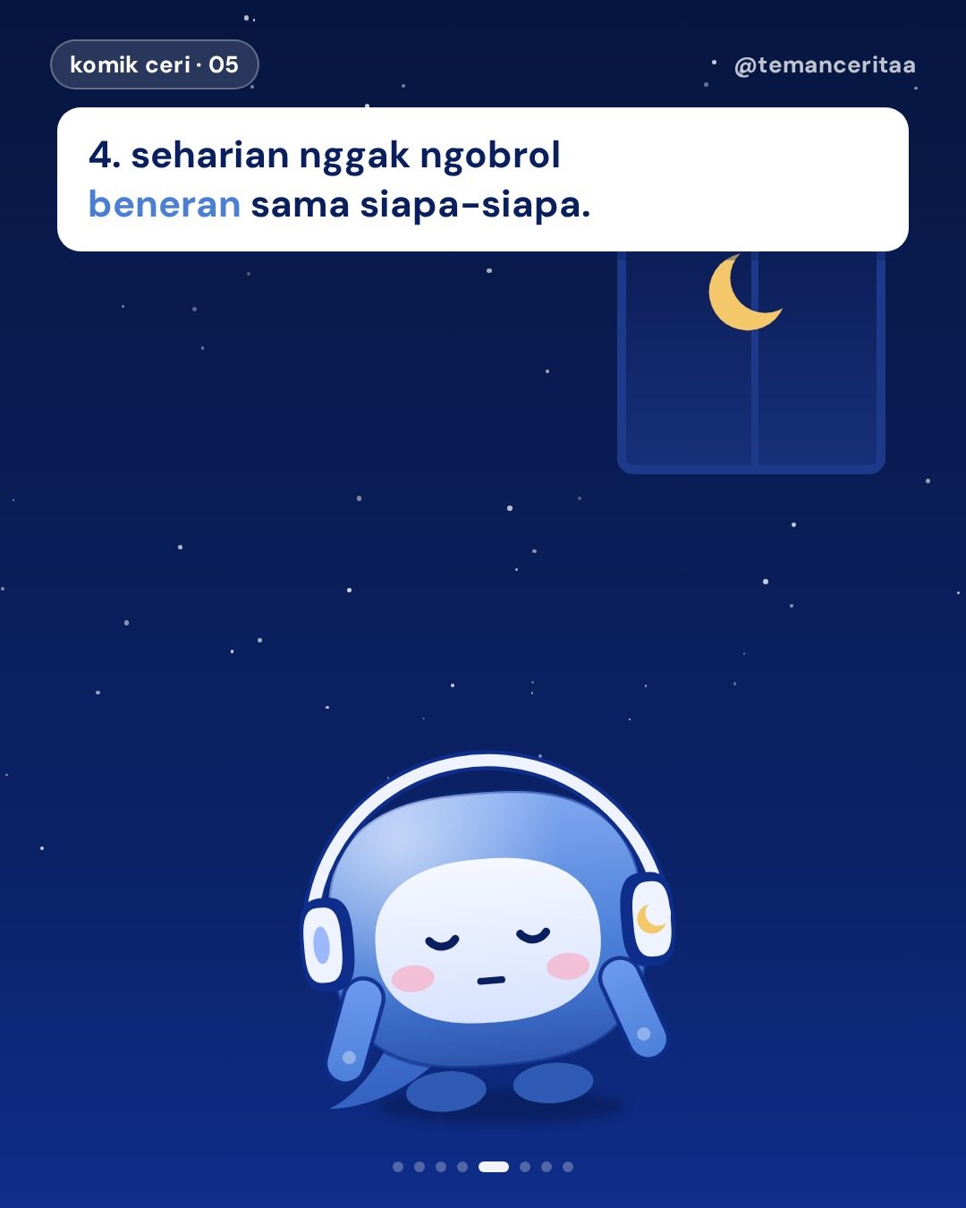 5 hal kecil yang diem-diem bikin hari berat, panel 5: 4. seharian nggak ngobrol beneran sama siapa-siapa.