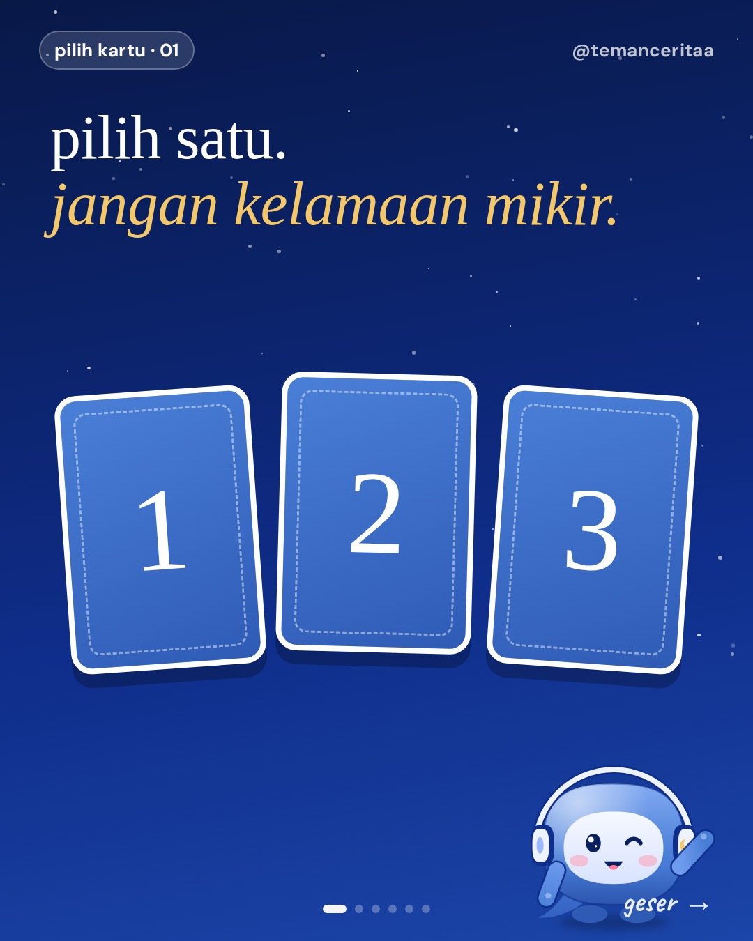 Pilih kartu 1, 2, atau 3: pesan Ceri buat kamu, panel 1: pilih satu. jangan kelamaan mikir.