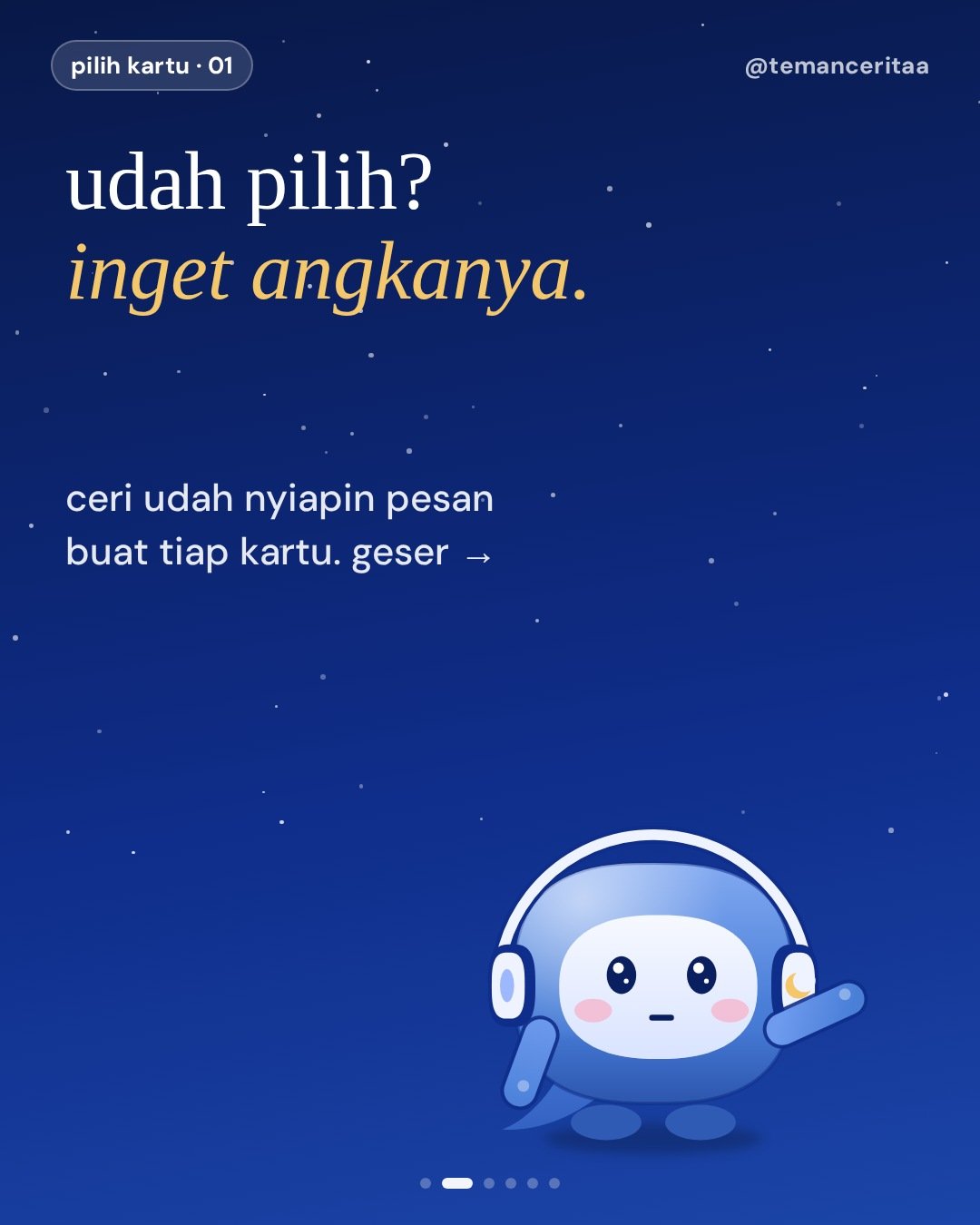 Pilih kartu 1, 2, atau 3: pesan Ceri buat kamu, panel 2: udah pilih? inget angkanya. / ceri udah nyiapin pesan buat tiap kartu. geser →