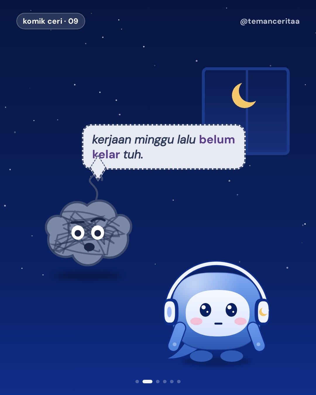 Minggu malam: Si Ruwet dan sunday scaries, panel 2: si ruwet: kerjaan minggu lalu belum kelar tuh.