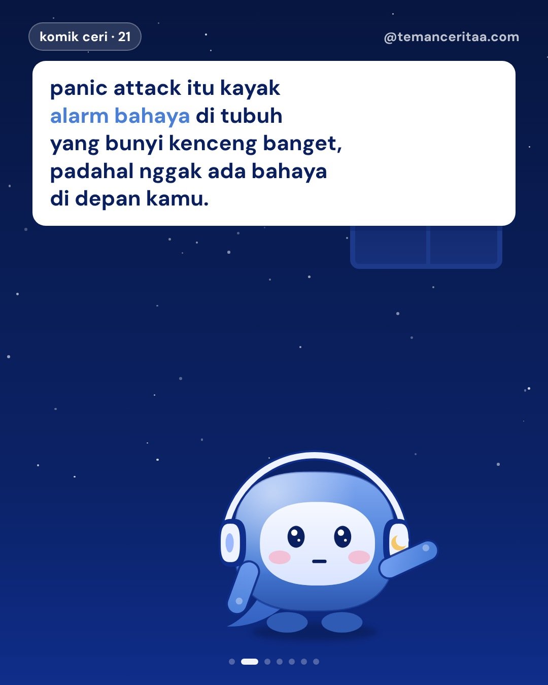 Panic attack: alarm tubuh yang bunyi tanpa bahaya, panel 2: panic attack itu kayak alarm bahaya di tubuh yang bunyi kenceng banget, padahal nggak ada bahaya di depan kamu.